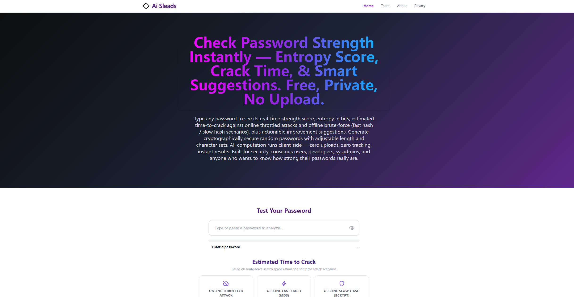 Ai Sleads Password Strength Checker — Real-time entropy scoring, crack-time estimation, and cryptographic random password generator interface